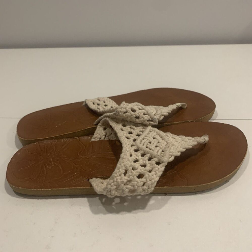 T-strap Sandals Thongs Flip Flop Flats Ivory White Macrame Womens Sz 9 - Picture 12 of 16